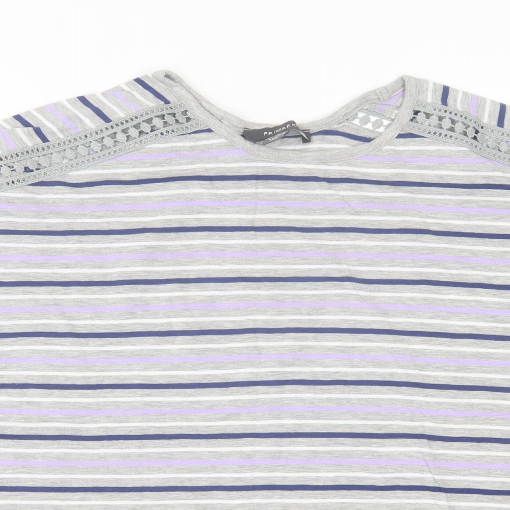 Primark Womens Grey Striped Cotton Basic T-Shirt Size L Crew Neck