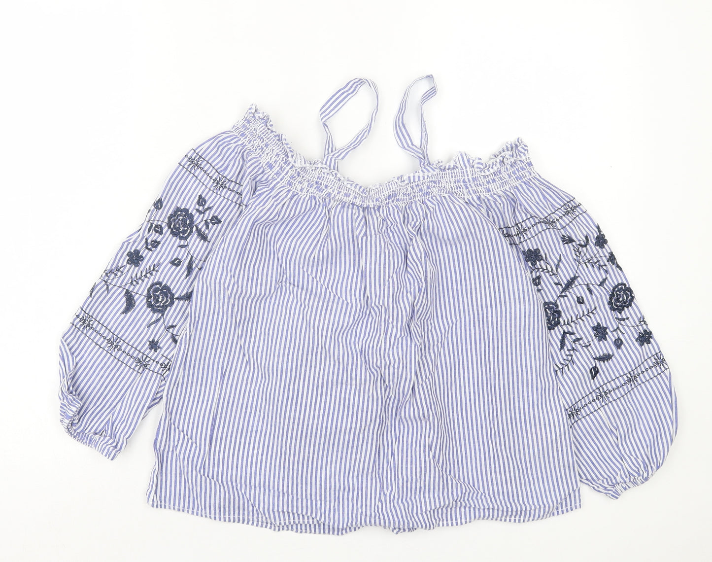 Primark Womens Blue Striped Cotton Basic Blouse Size 10 Square Neck