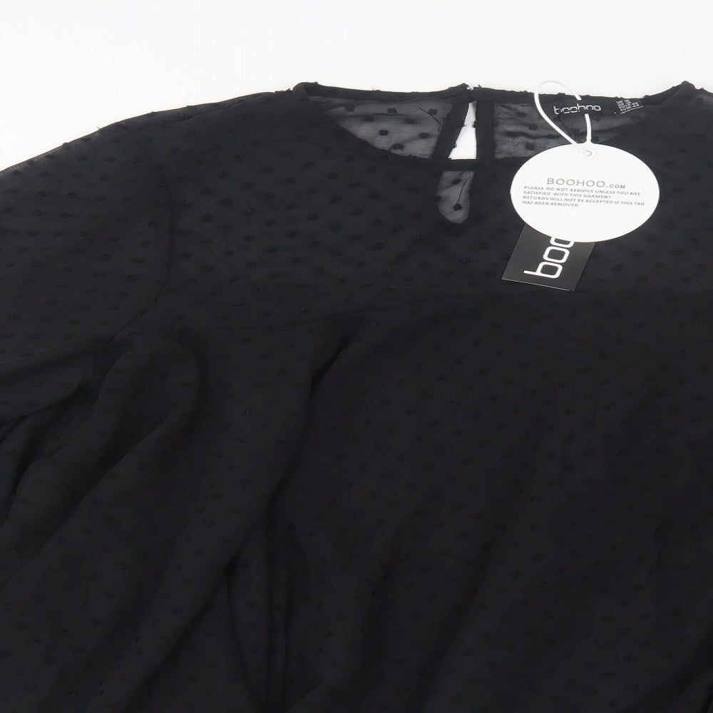 Boohoo Womens Black Polka Dot Polyester A-Line Size 18 Crew Neck Button