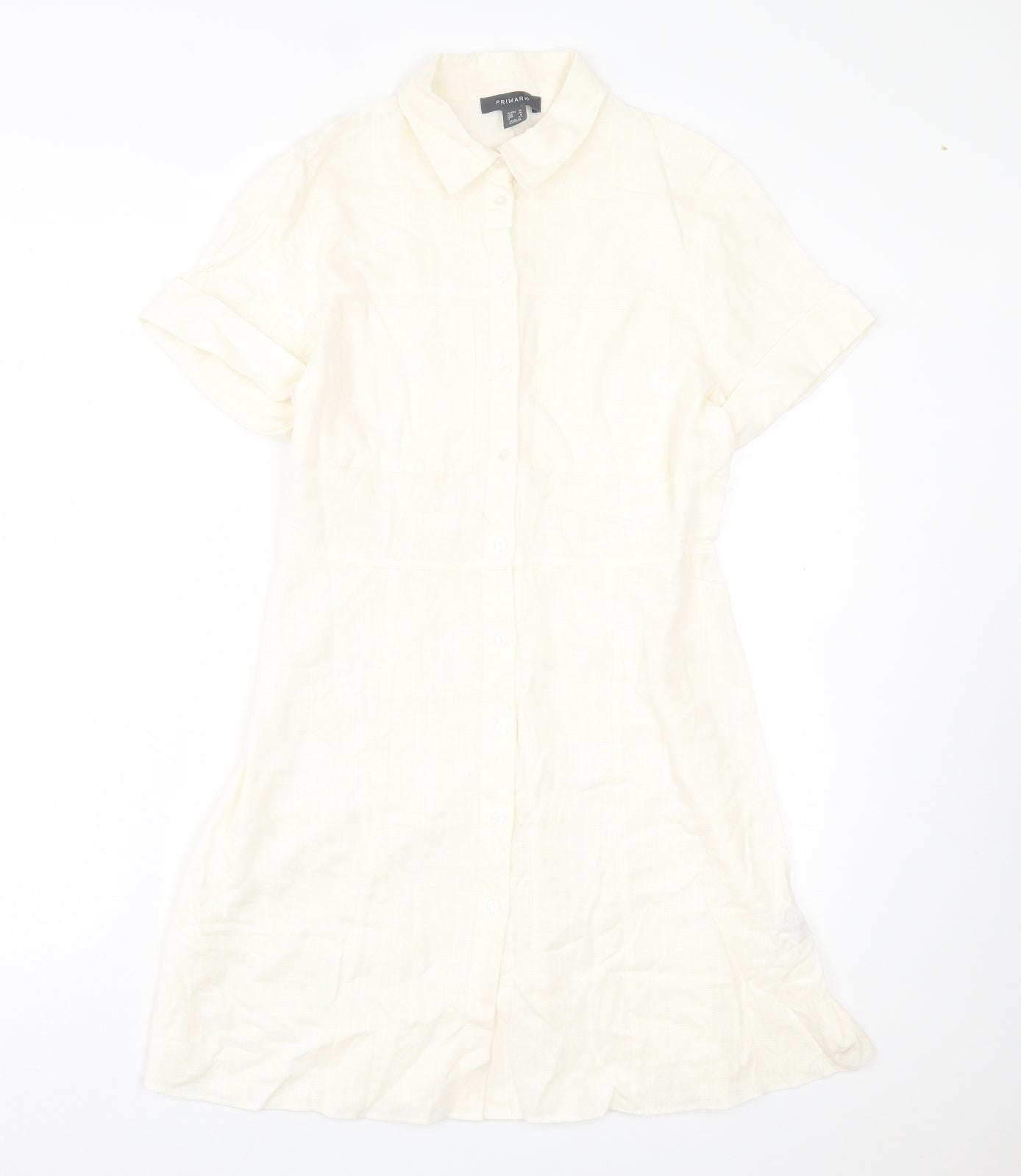 Primark Womens Ivory Linen A-Line Size 10 Collared Button