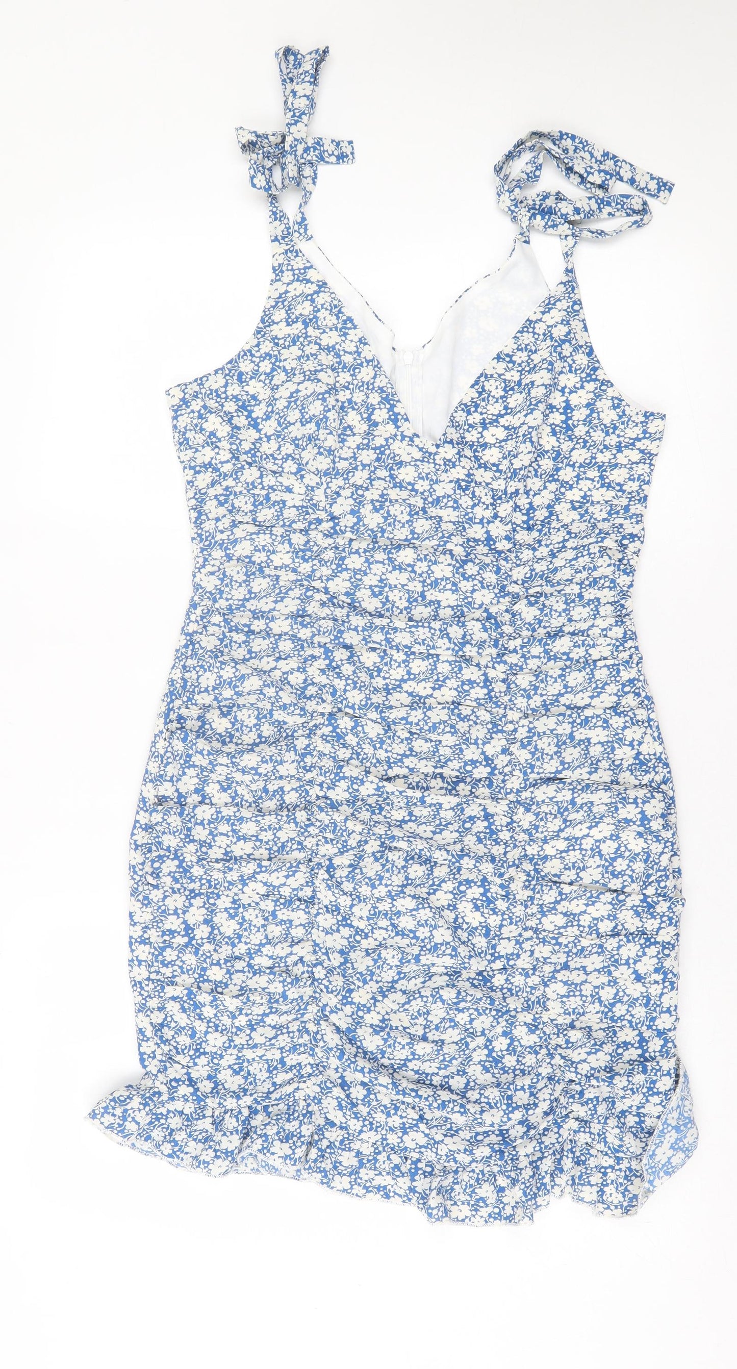 SheIn Womens Blue Floral Polyester A-Line Size M V-Neck Zip