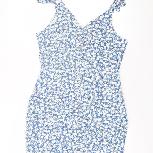 SheIn Womens Blue Floral Polyester A-Line Size M V-Neck Zip