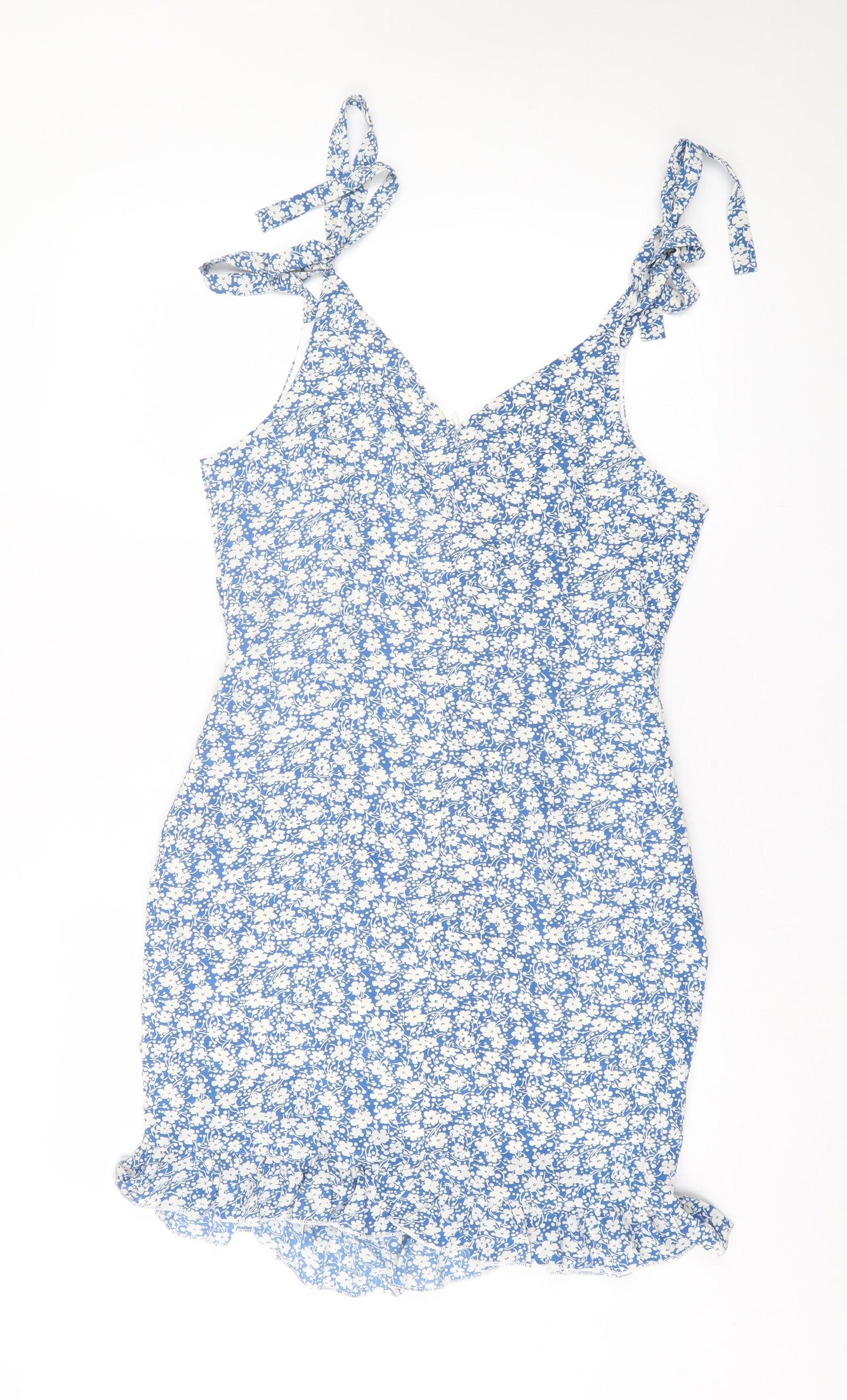 SheIn Womens Blue Floral Polyester A-Line Size M V-Neck Zip