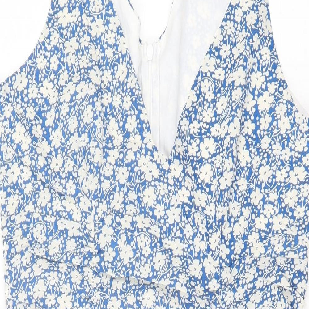 SheIn Womens Blue Floral Polyester A-Line Size M V-Neck Zip