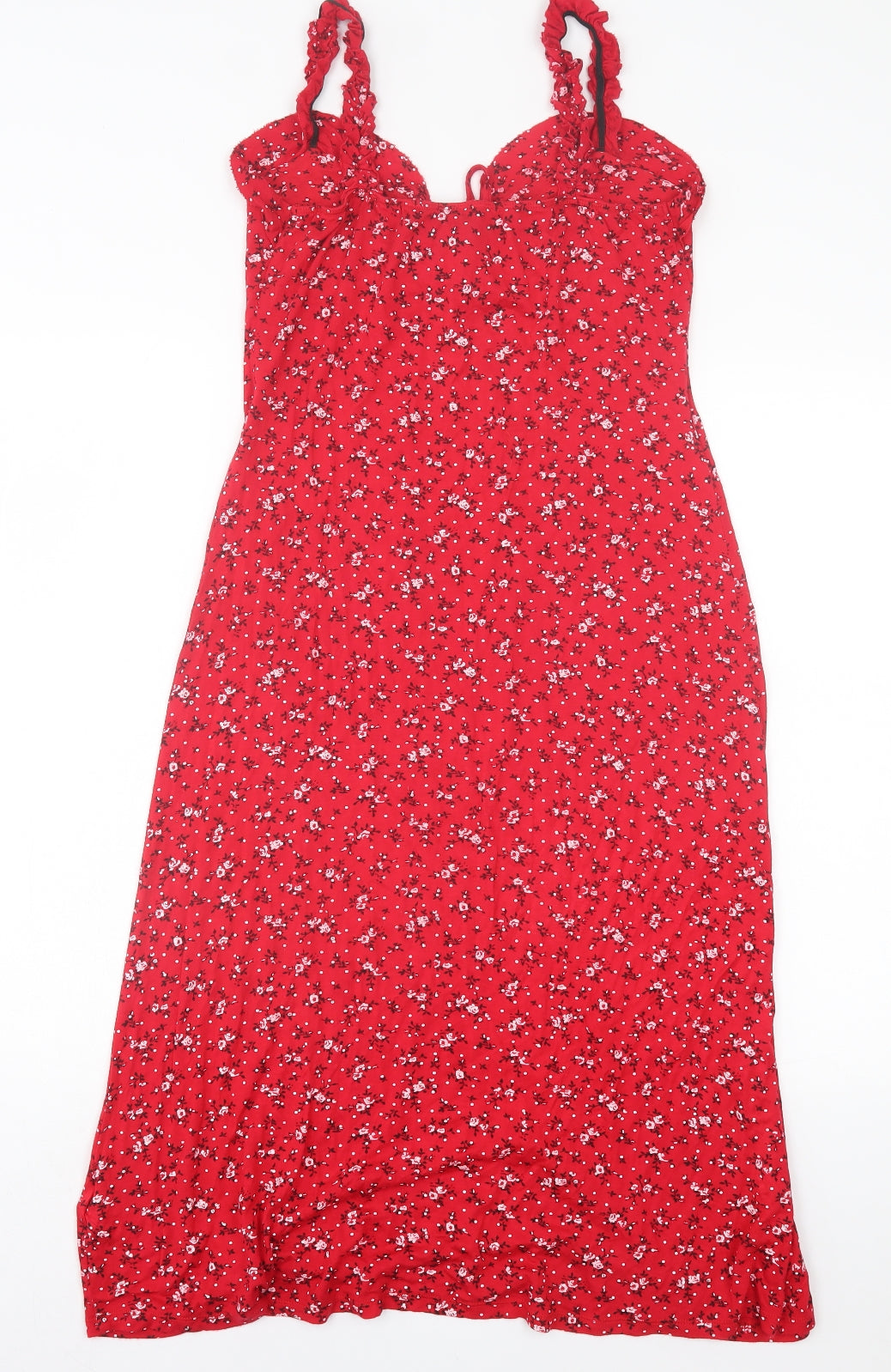 New Look Womens Red Floral Viscose A-Line Size 12 V-Neck Pullover