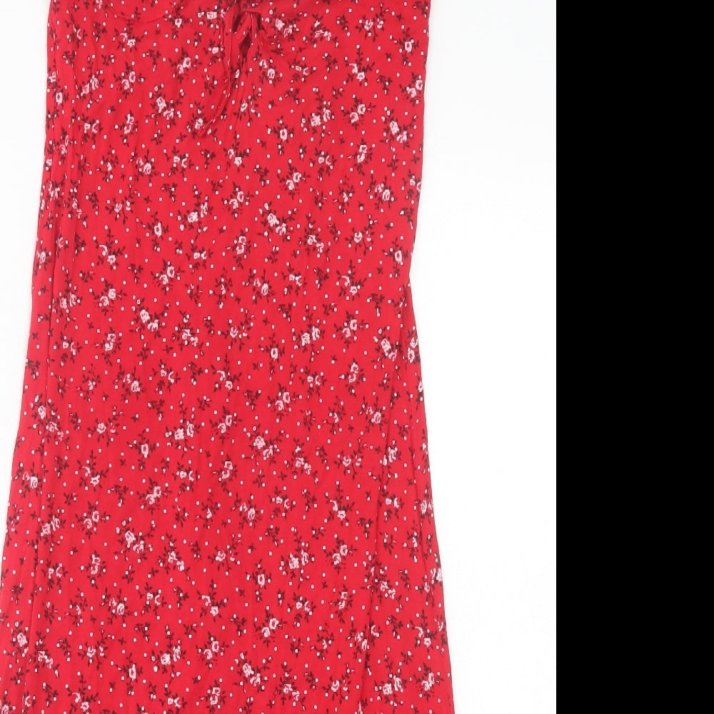 New Look Womens Red Floral Viscose A-Line Size 12 V-Neck Pullover