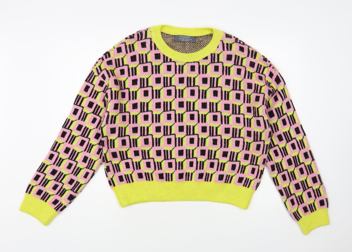Primark Womens Pink Crew Neck Geometric Acrylic Pullover Jumper Size 6