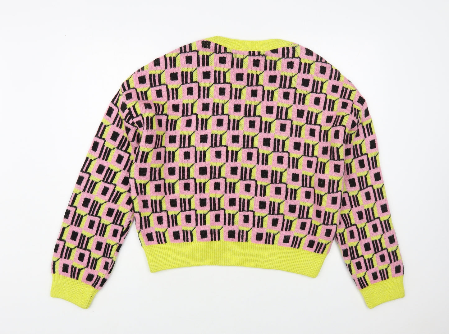 Primark Womens Pink Crew Neck Geometric Acrylic Pullover Jumper Size 6