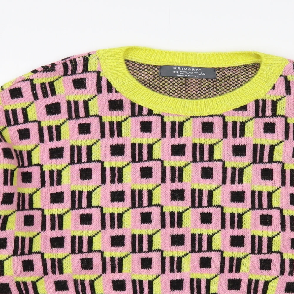 Primark Womens Pink Crew Neck Geometric Acrylic Pullover Jumper Size 6