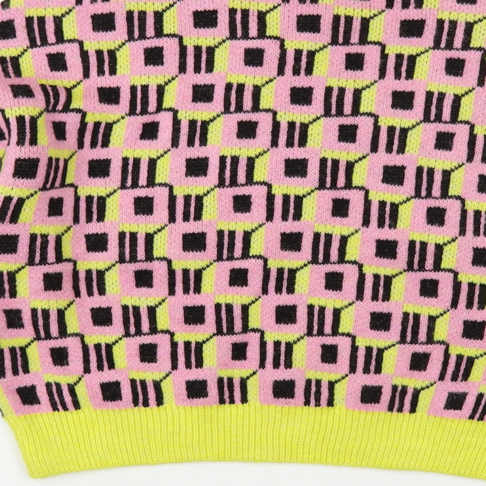 Primark Womens Pink Crew Neck Geometric Acrylic Pullover Jumper Size 6
