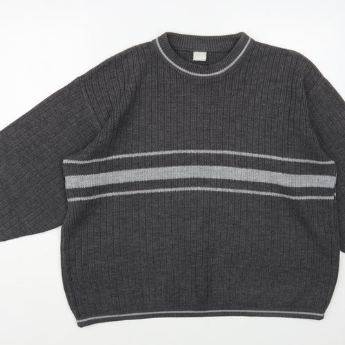 Preworn Womens Grey Crew Neck Striped Acrylic Pullover Jumper Size L