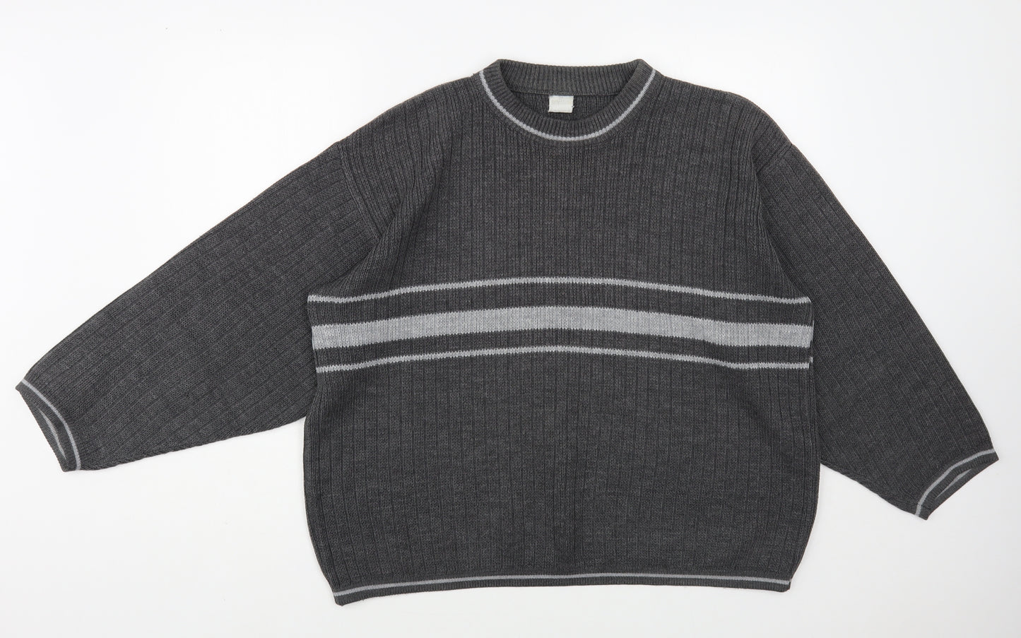 Preworn Womens Grey Crew Neck Striped Acrylic Pullover Jumper Size L