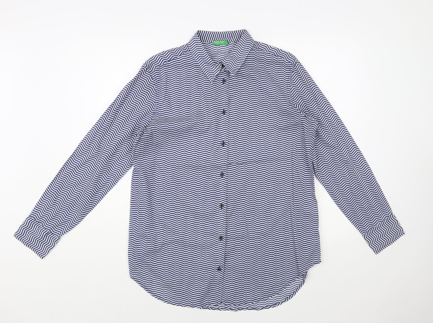 United Colors of Benetton Womens Blue Striped Cotton Basic Button-Up Size M Collared