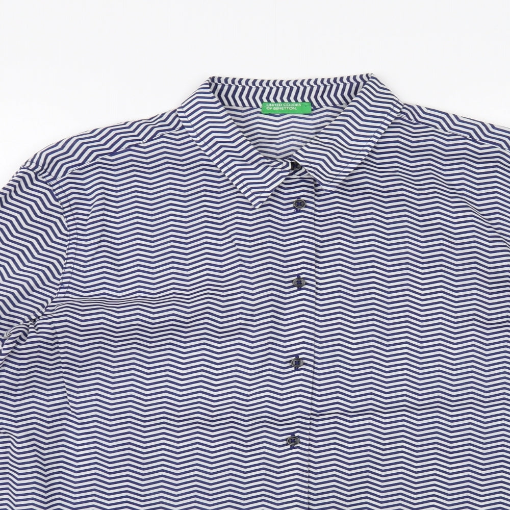 United Colors of Benetton Womens Blue Striped Cotton Basic Button-Up Size M Collared