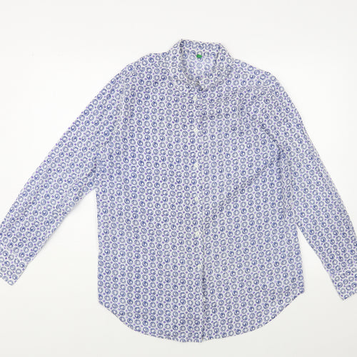 United Colors of Benetton Womens Blue Geometric Cotton Basic Button-Up Size M Collared