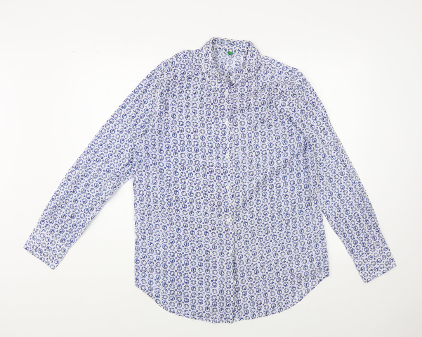 United Colors of Benetton Womens Blue Geometric Cotton Basic Button-Up Size M Collared