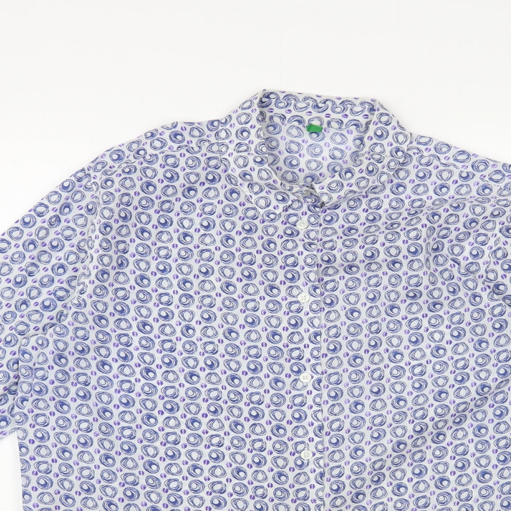 United Colors of Benetton Womens Blue Geometric Cotton Basic Button-Up Size M Collared
