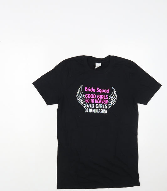 Front view of Gildan women’s black cotton basic t-shirt, size S, crew neck - bride squad
