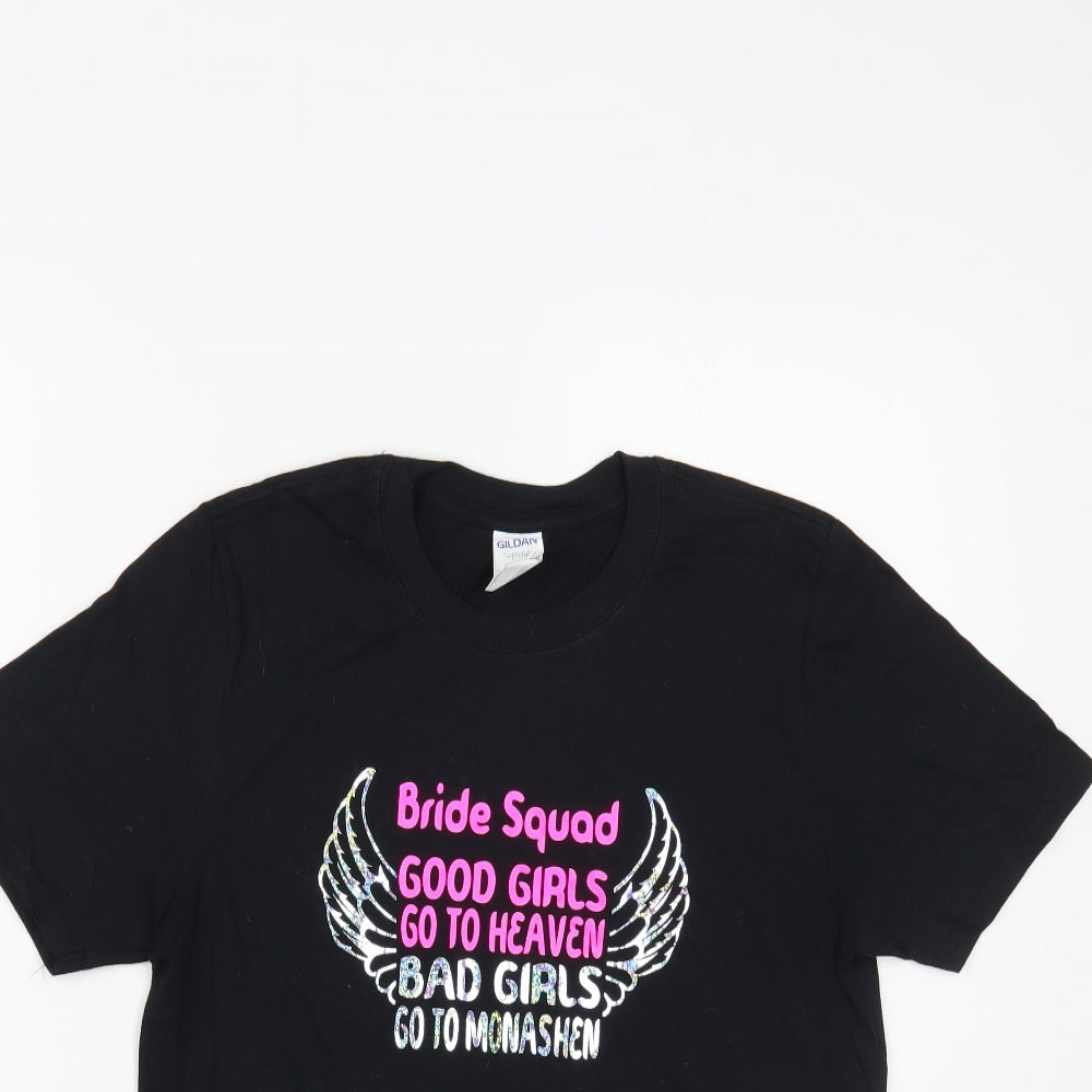 Gildan Womens Black Cotton Basic T-Shirt Size S Crew Neck - Bride Squad