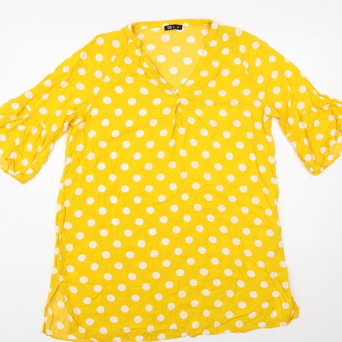 TEX Womens Yellow Polka Dot Viscose Tunic Blouse Size M V-Neck