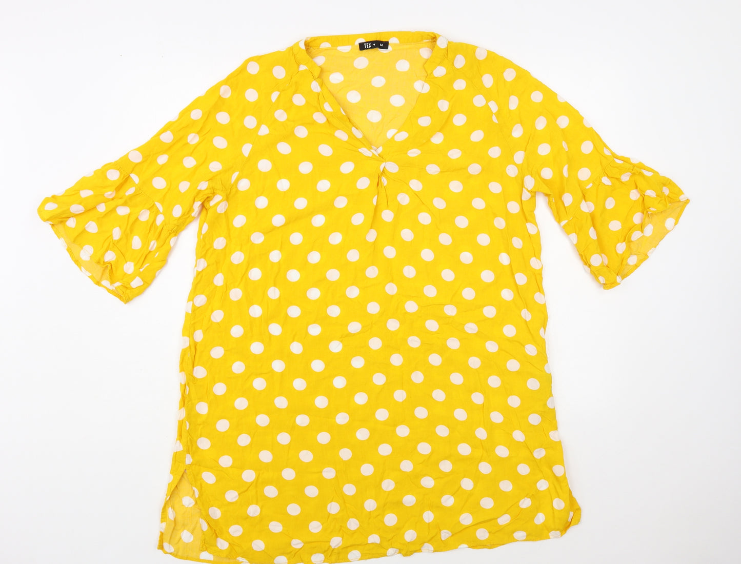 TEX Womens Yellow Polka Dot Viscose Tunic Blouse Size M V-Neck