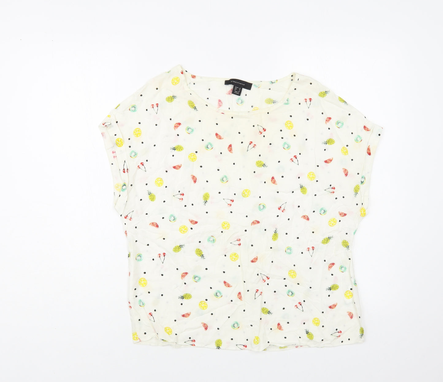 Atmosphere Womens White Geometric Viscose Basic Blouse Size 10 Boat Neck - Fruit Print