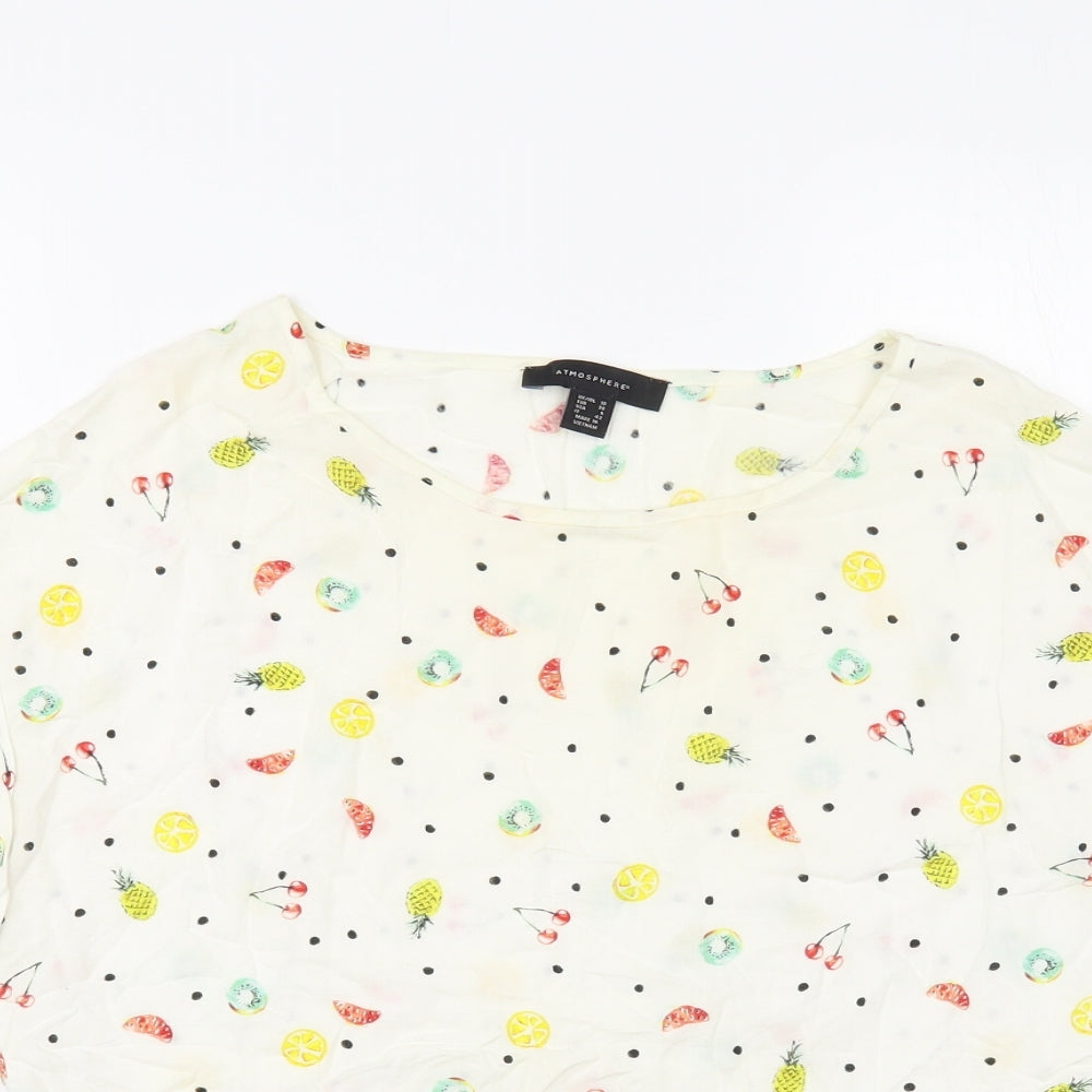 Atmosphere Womens White Geometric Viscose Basic Blouse Size 10 Boat Neck - Fruit Print