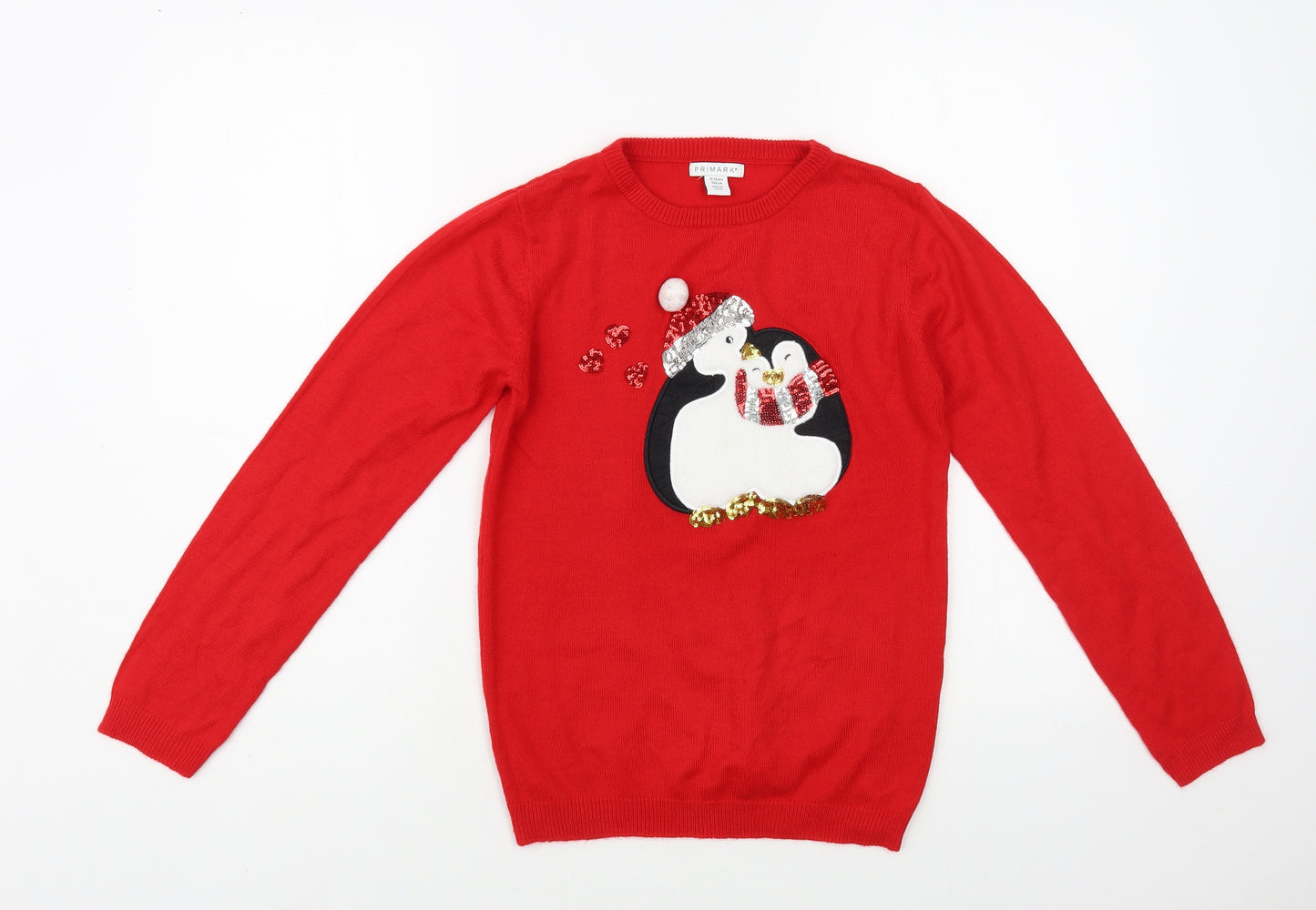 Primark Girls Red Crew Neck Acrylic Pullover Jumper Size 11-12 Years Pullover - Penguins Christmas