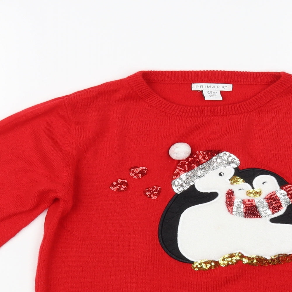 Primark Girls Red Crew Neck Acrylic Pullover Jumper Size 11-12 Years Pullover - Penguins Christmas