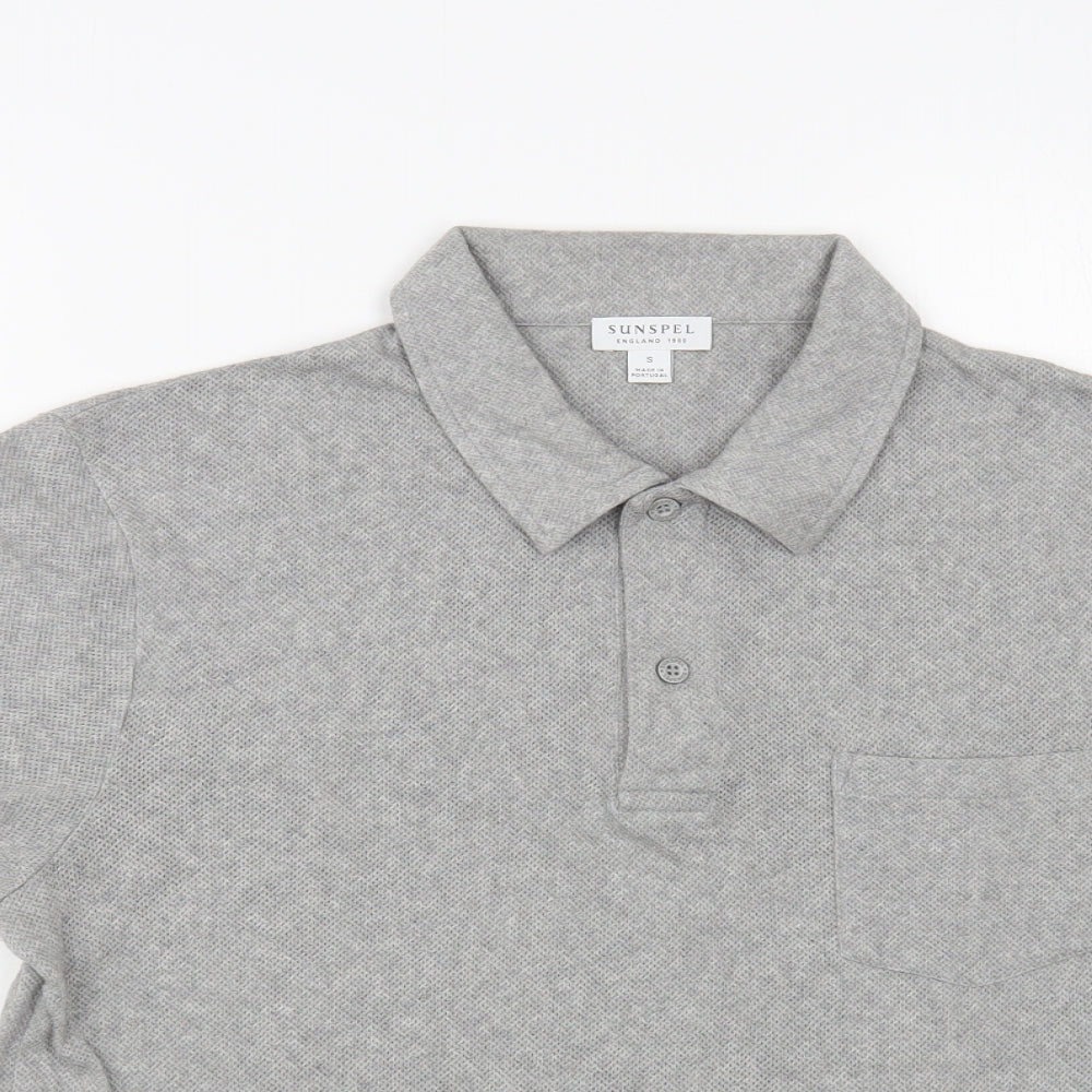 Sunspel Mens Grey Cotton Polo Size S Collared Button
