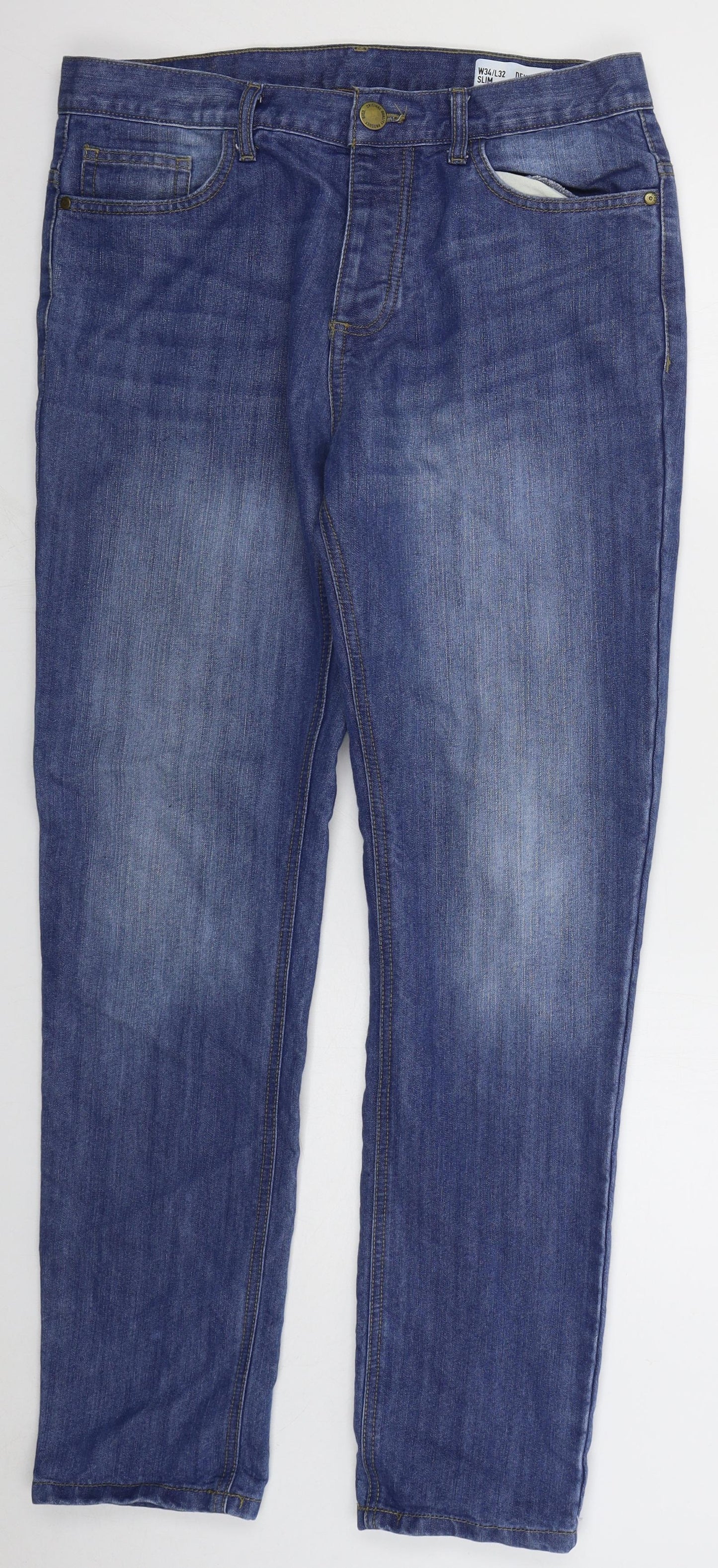 Denim Co Mens Blue Cotton Straight Jeans Size 32 L32 in Regular Button
