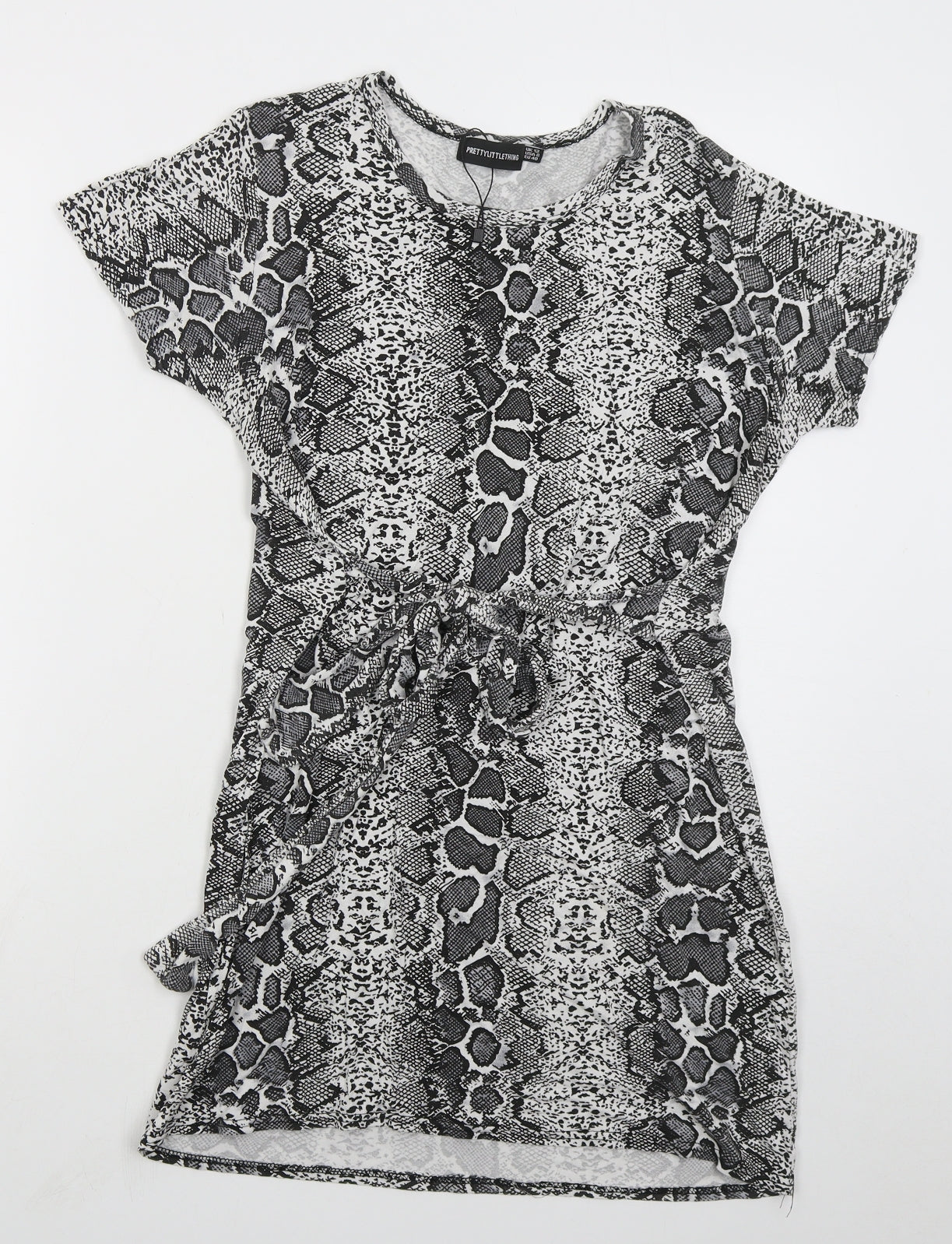 PRETTYLITTLETHING Womens Grey Animal Print Viscose Mini Size 12 Crew Neck Pullover