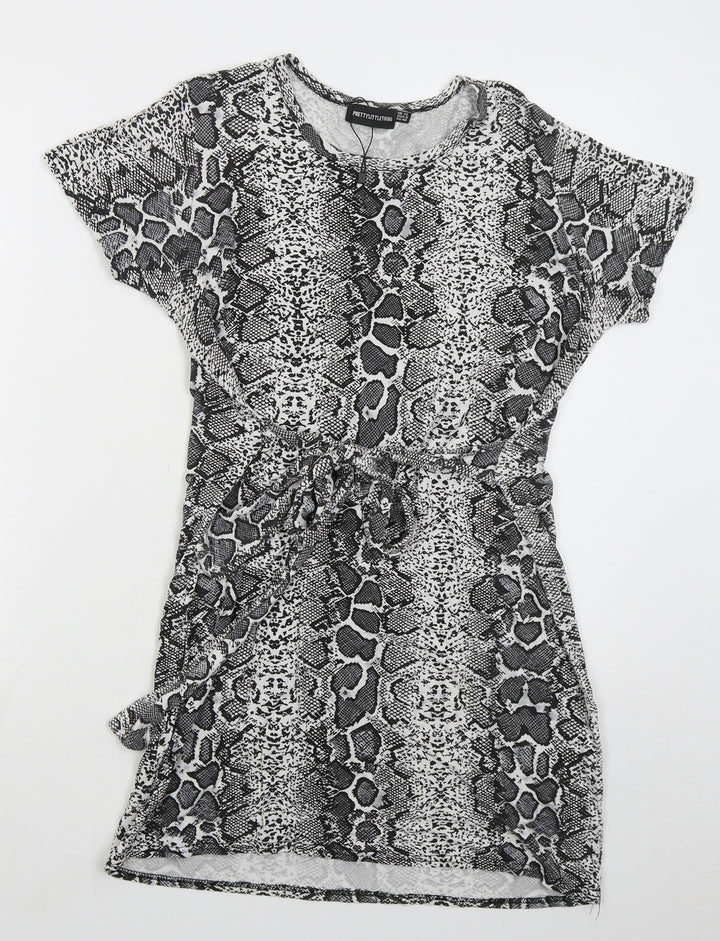 PRETTYLITTLETHING Womens Grey Animal Print Viscose Mini Size 12 Crew Neck Pullover