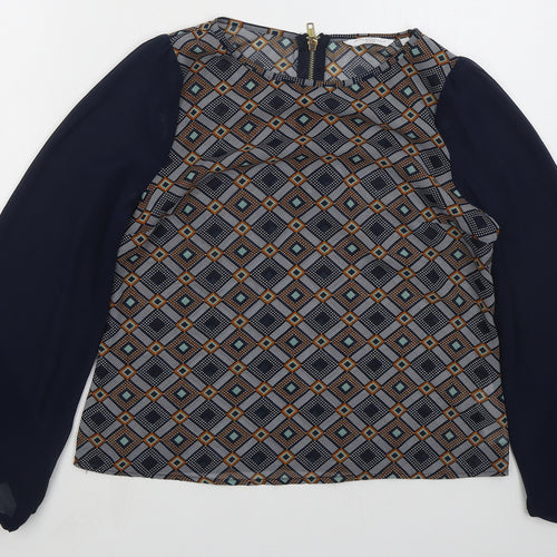 New Look Womens Blue Geometric Polyester Basic Blouse Size 10 Round Neck