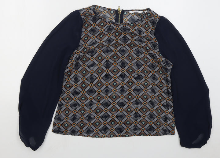 New Look Womens Blue Geometric Polyester Basic Blouse Size 10 Round Neck