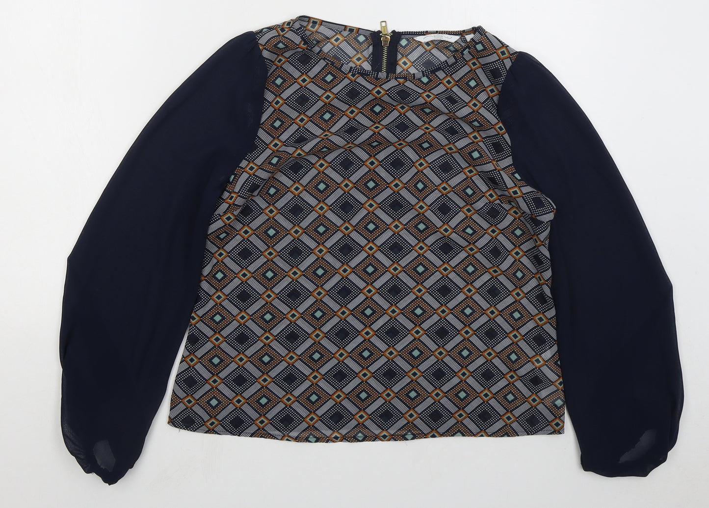 New Look Womens Blue Geometric Polyester Basic Blouse Size 10 Round Neck