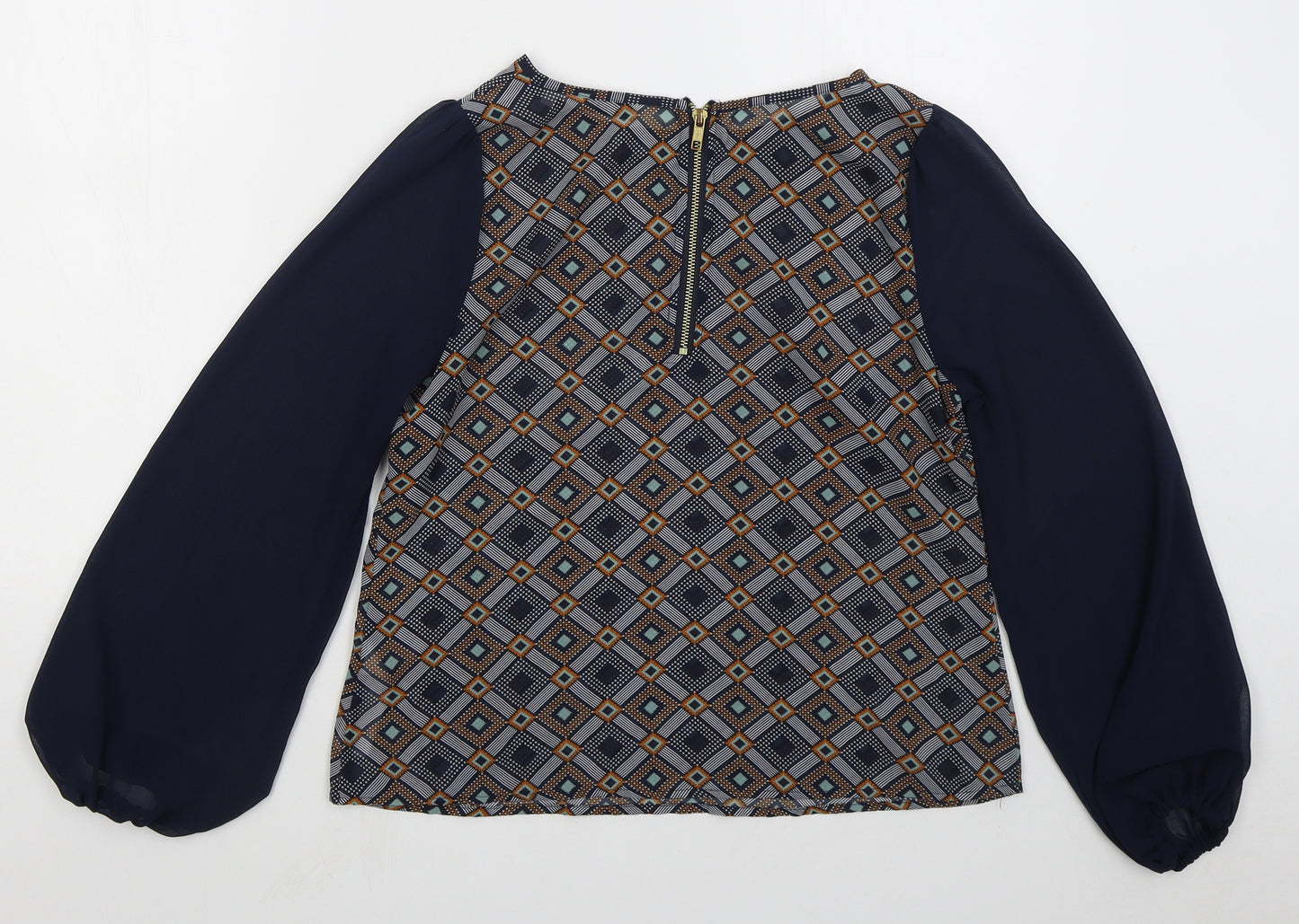 New Look Womens Blue Geometric Polyester Basic Blouse Size 10 Round Neck