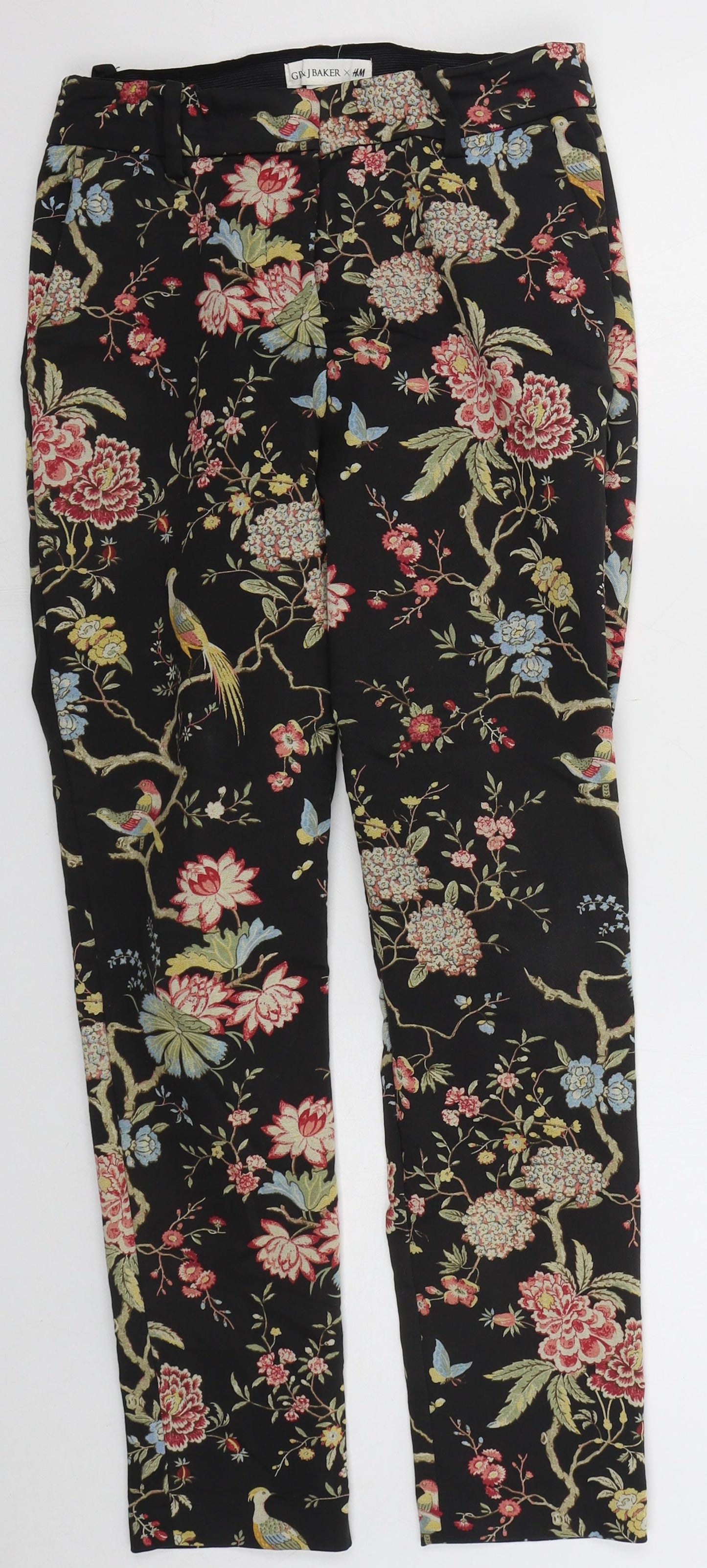 H&M Womens Black Floral Cotton Trousers Size 8 L28 in Regular Hook & Eye