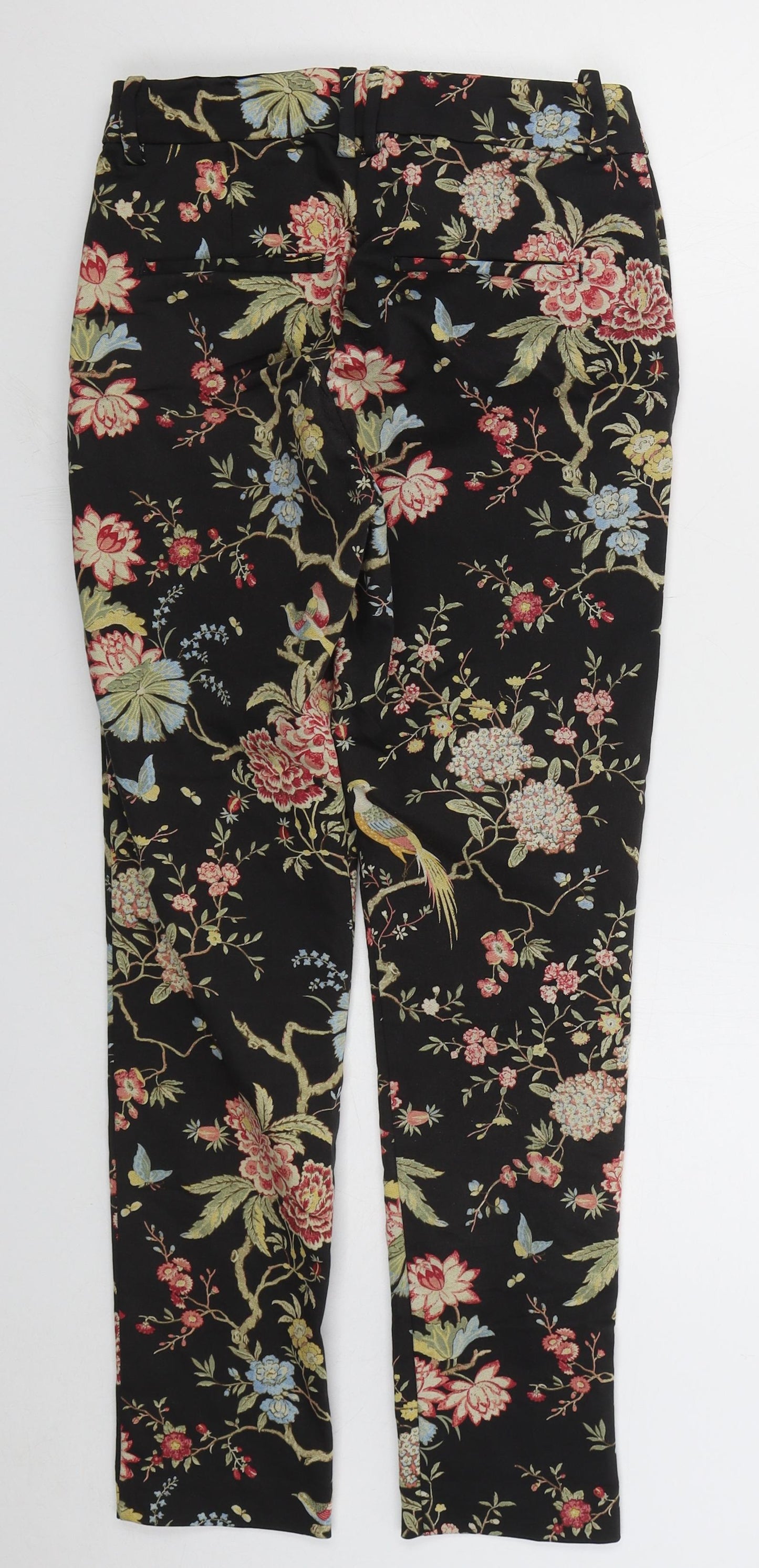 H&M Womens Black Floral Cotton Trousers Size 8 L28 in Regular Hook & Eye