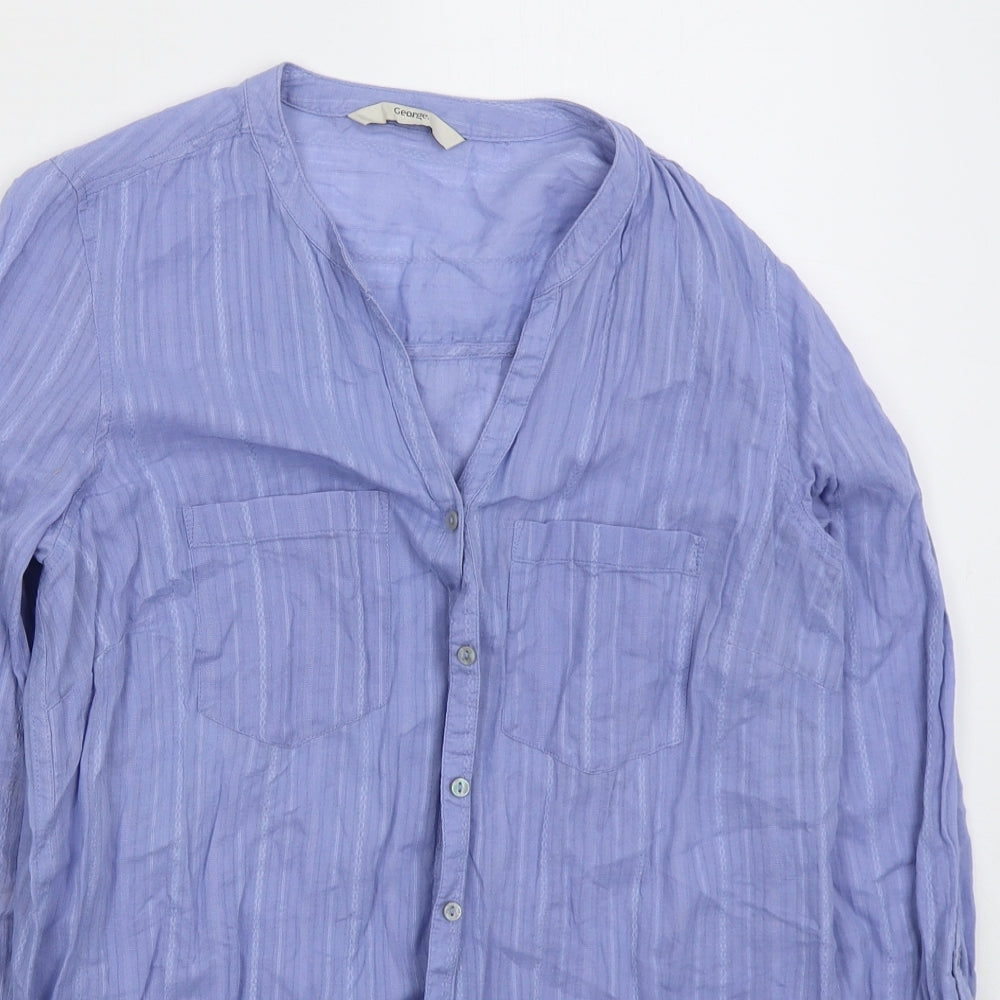 George Womens Blue Striped Cotton Basic Button-Up Size 10 V-Neck