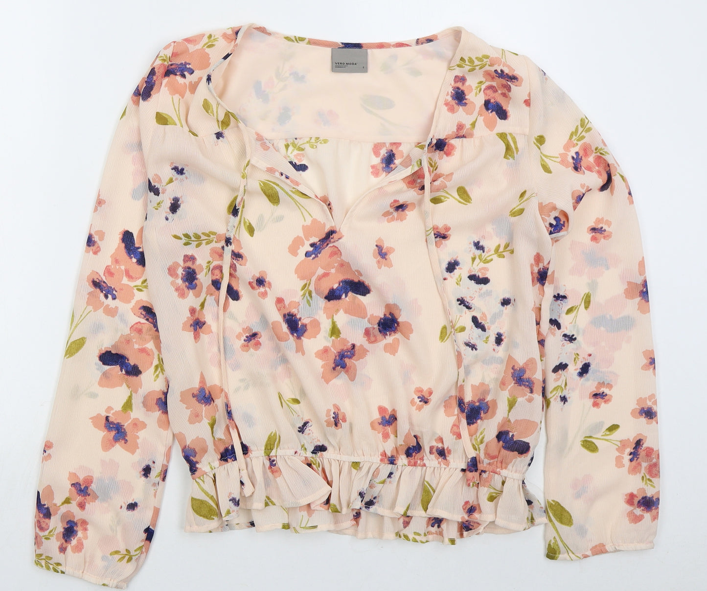VERO MODA Womens Pink Floral Polyester Basic Blouse Size S V-Neck