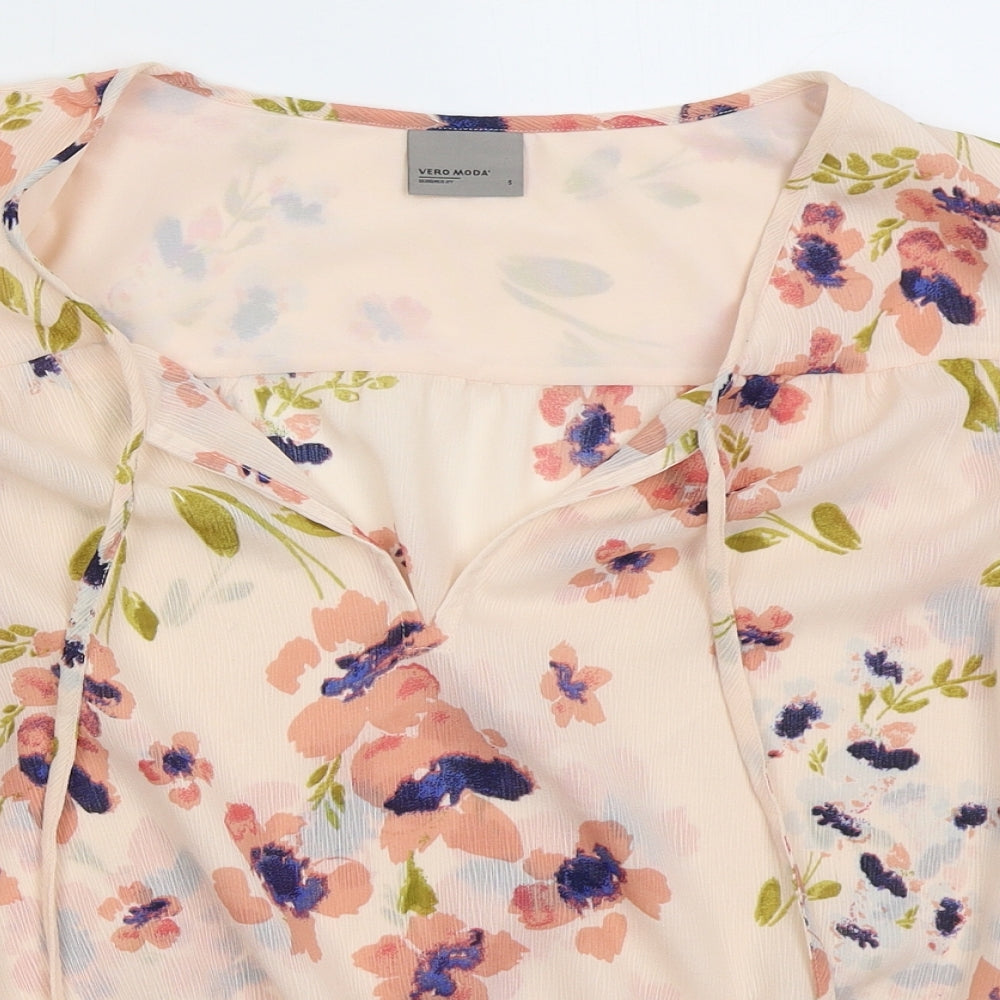 VERO MODA Womens Pink Floral Polyester Basic Blouse Size S V-Neck