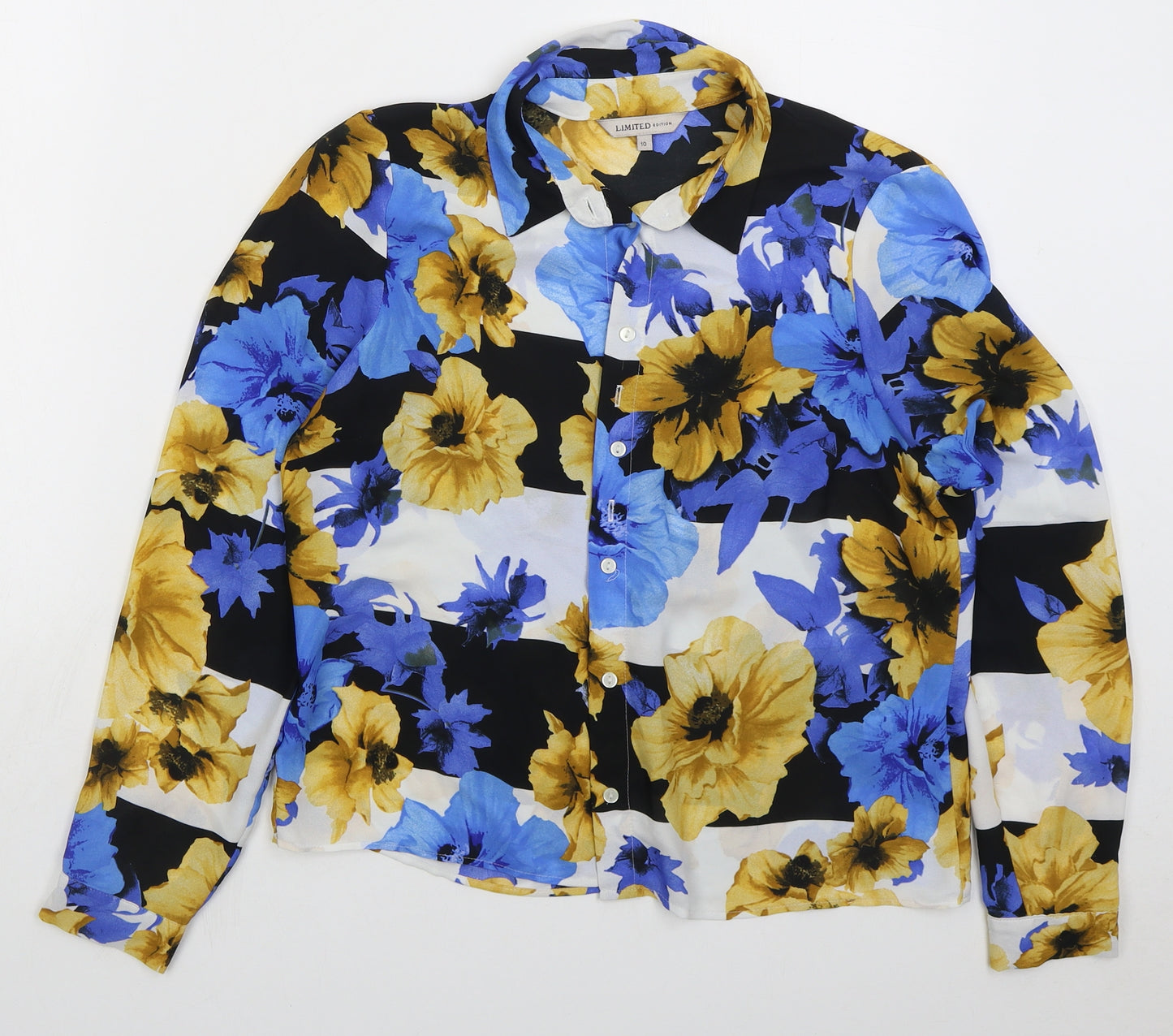 Marks and Spencer Womens Blue Floral Polyester Basic Button-Up Size 10 Collared