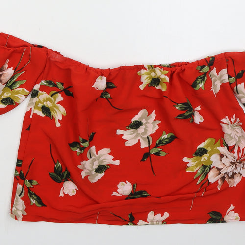 Lipsy London Womens Red Floral Polyester Cropped Blouse Size 10 Off the Shoulder