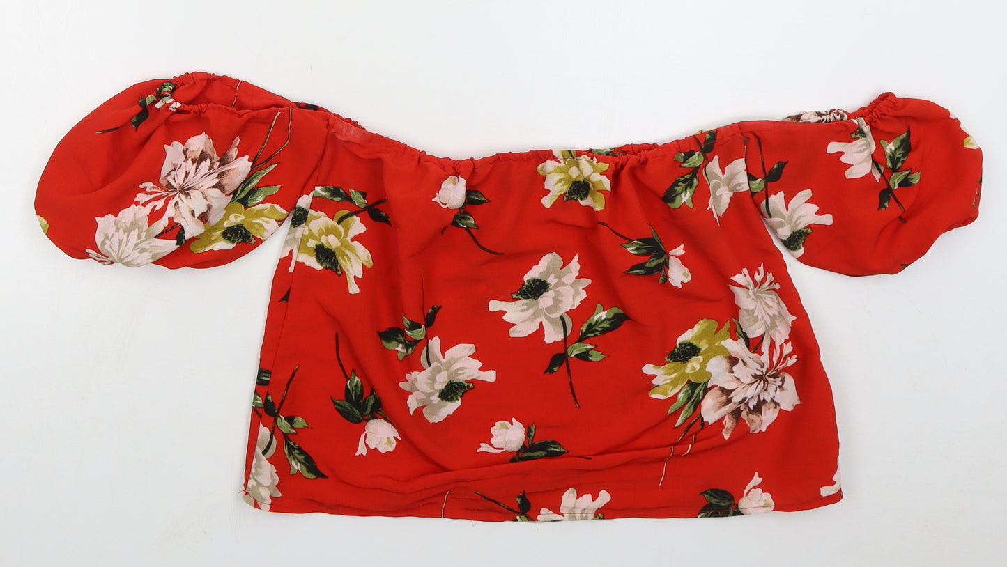Lipsy London Womens Red Floral Polyester Cropped Blouse Size 10 Off the Shoulder
