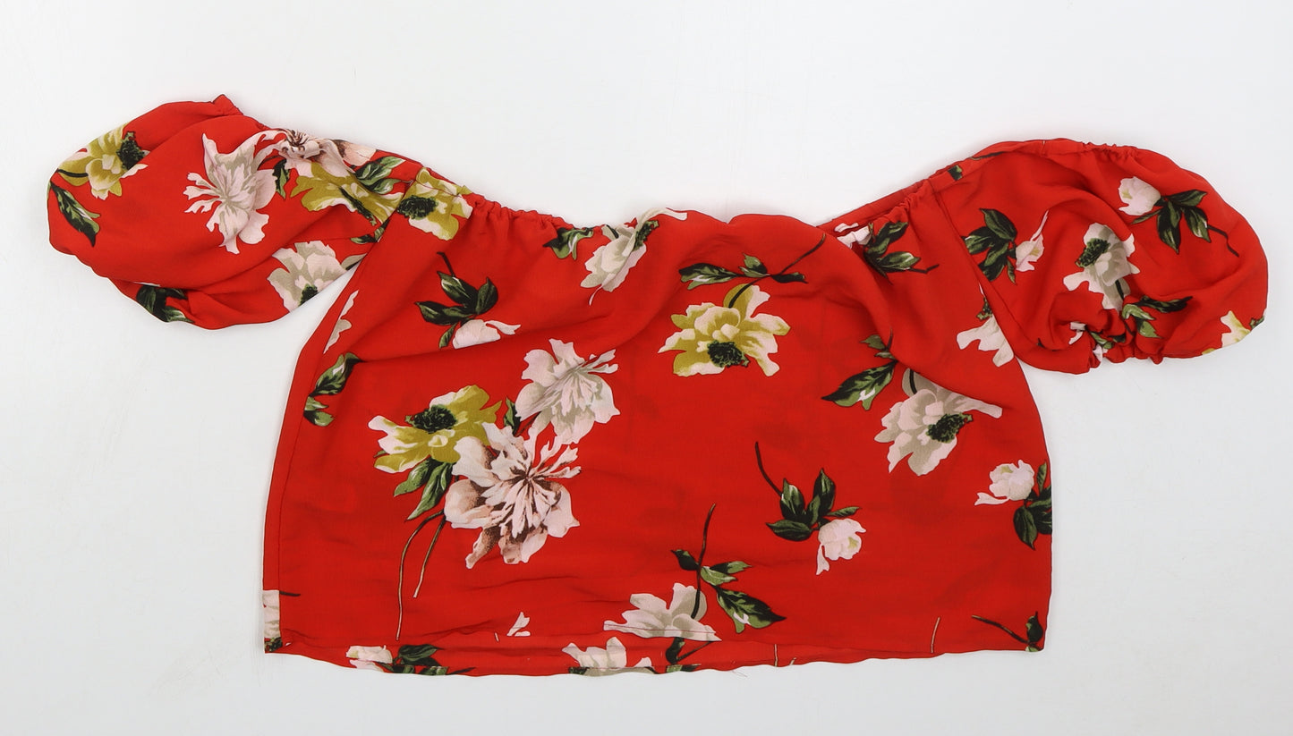 Lipsy London Womens Red Floral Polyester Cropped Blouse Size 10 Off the Shoulder