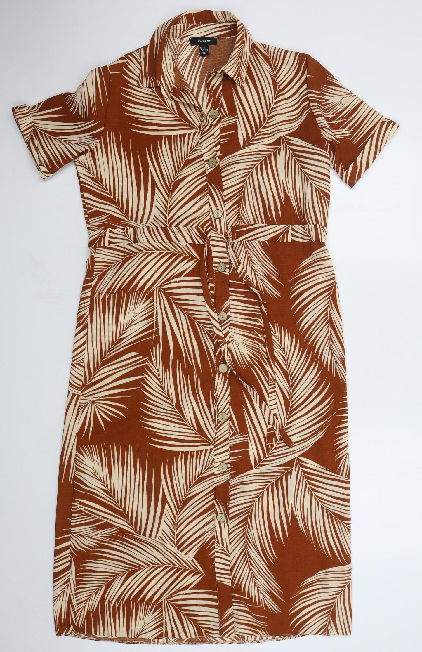 New Look Womens Brown Floral Polyester Shirt Dress Size 8 Collared Button - Leaf Prints