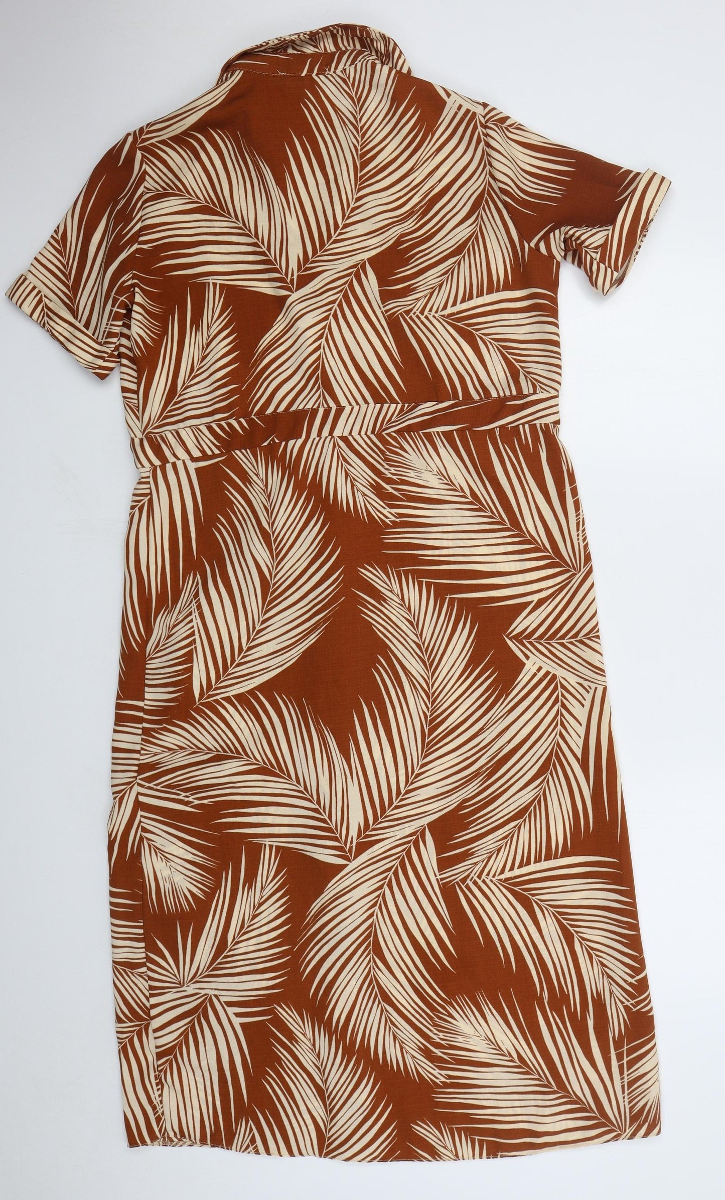 New Look Womens Brown Floral Polyester Shirt Dress Size 8 Collared Button - Leaf Prints