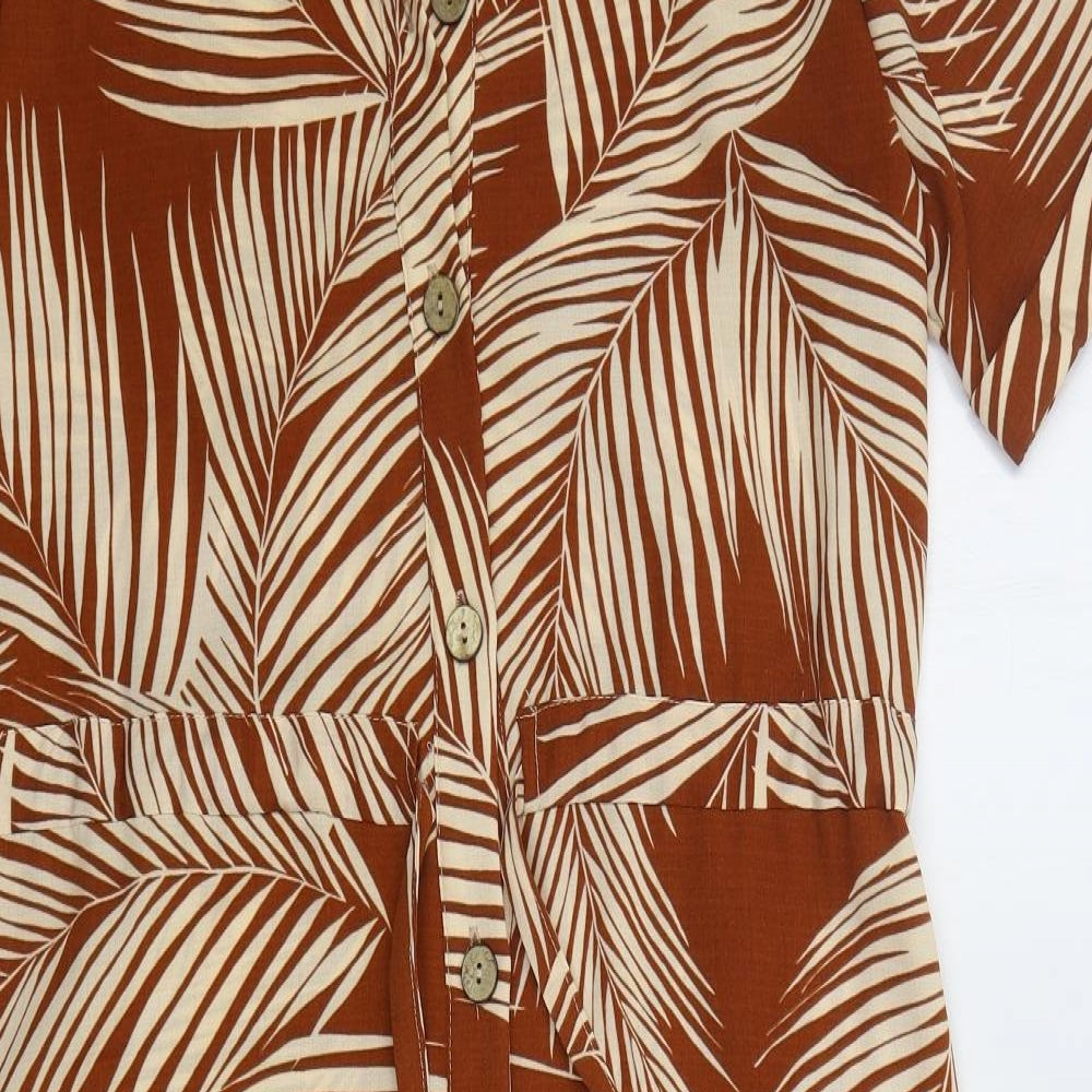 New Look Womens Brown Floral Polyester Shirt Dress Size 8 Collared Button - Leaf Prints