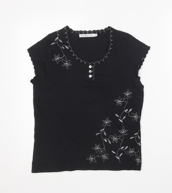 Emreco Womens Black Cotton Basic T-Shirt Size 12 Round Neck